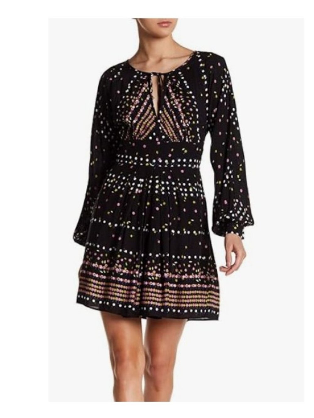 FREE PEOPLE Coryn Multi Colored Black Mini Long Sleeve Dress 8 - NWOT